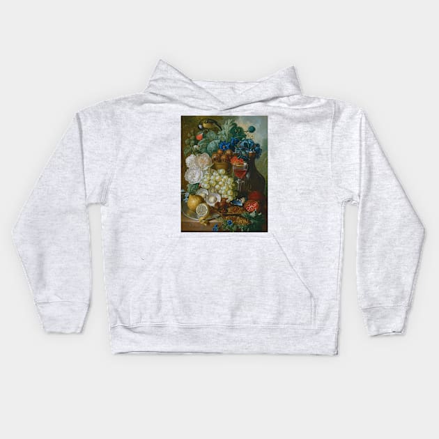 Still Life With Fruit And Flowers, Together With Oysters, Mussels, A Glass Of Wine, A Decanter And Other Objects On A Stone Ledge by Jan van Os Kids Hoodie by Classic Art Stall